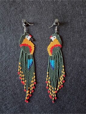 Handmade Green Multicolor Parrot Beaded Fringe Earrings